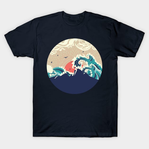 Big sea waves and island at sunset T-Shirt by AnnArtshock